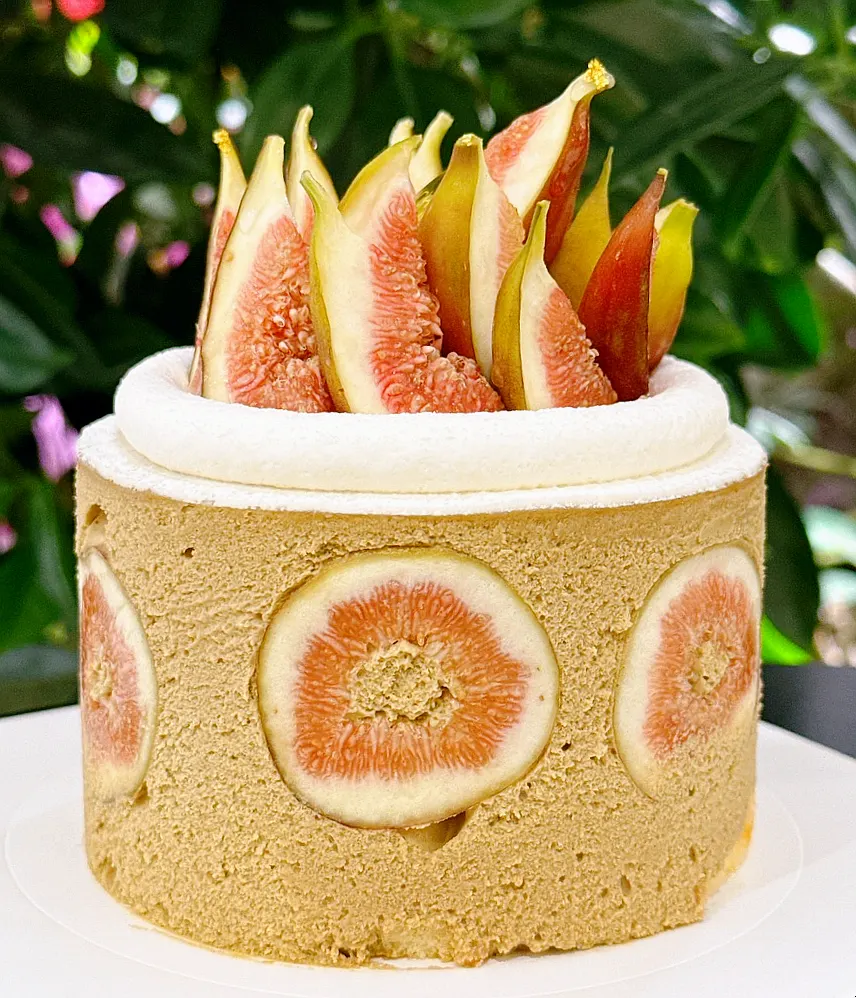 Fig pistachio cake wrapped with a clear band
