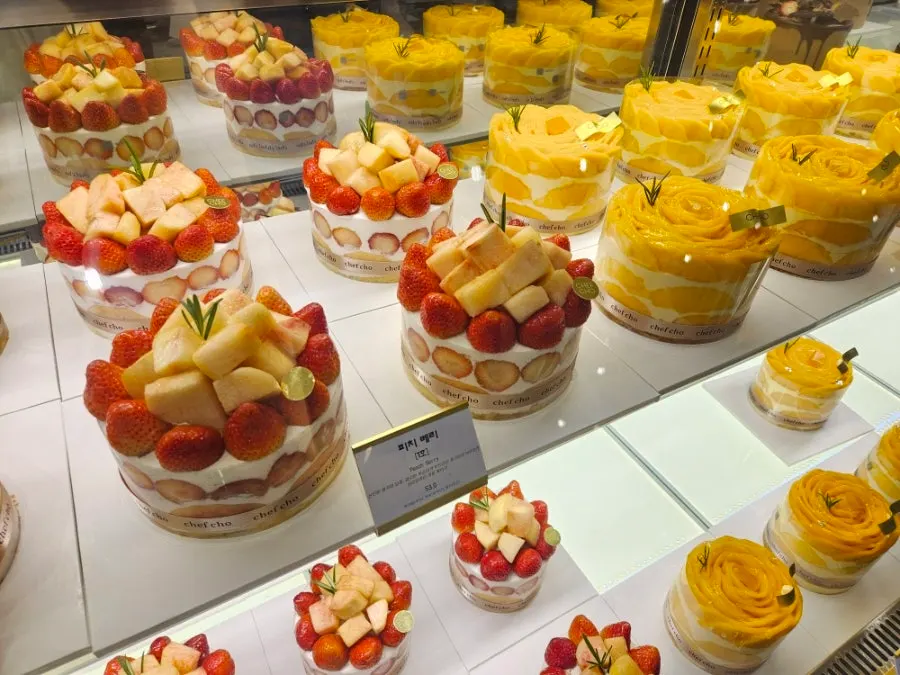 Cakes on display in Chef Cho's showcase