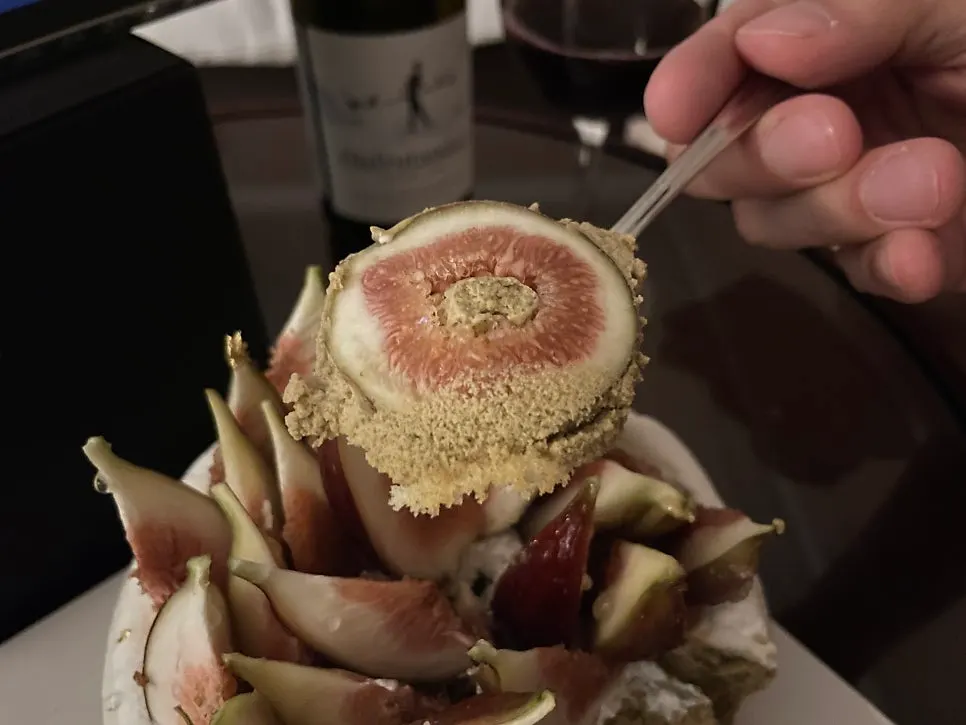 Late-night spread with the cake and non-alcoholic wine