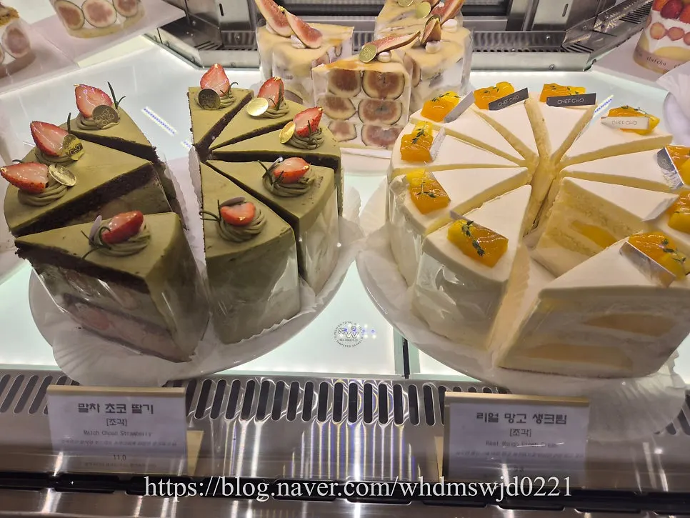 Full lineup shot of Chef Cho slice cakes on display
