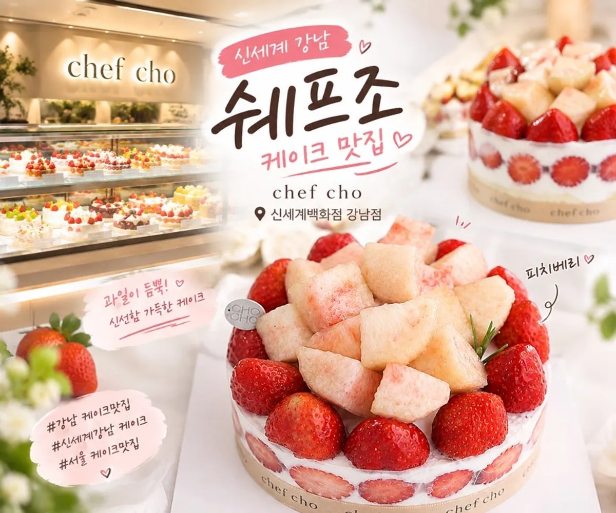 Table shot of the Chef Cho Peach Berry No.1 cake