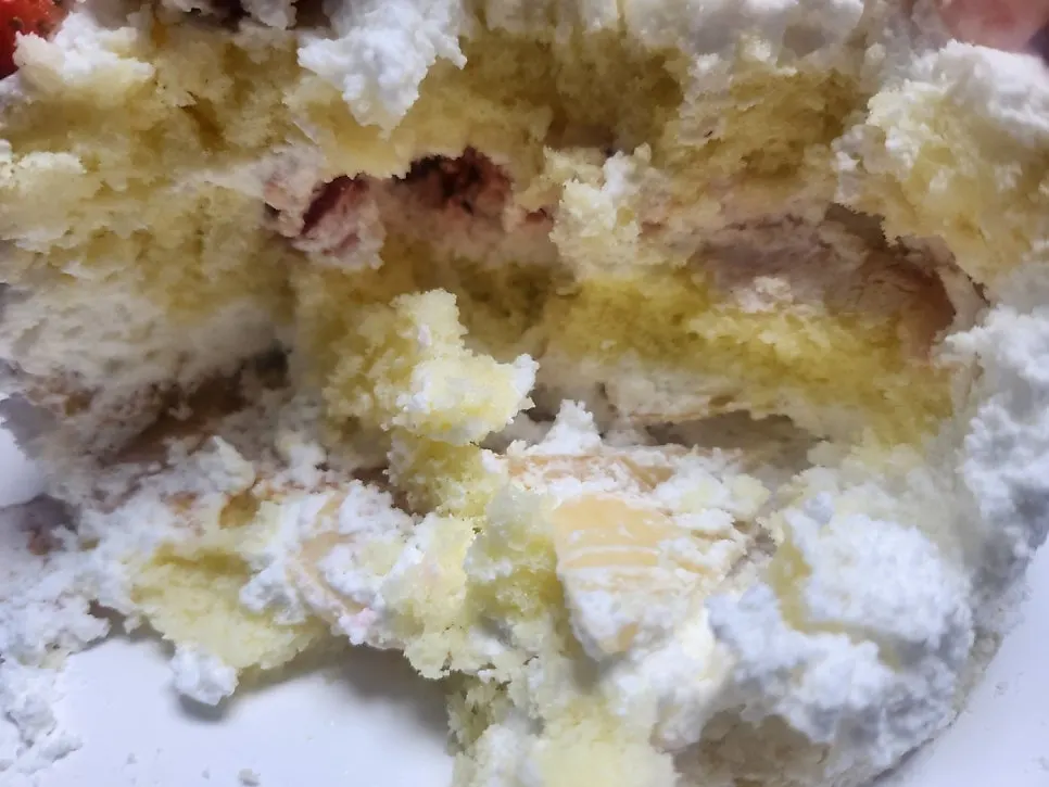 Cross-section of the peach berry cake showing the cream