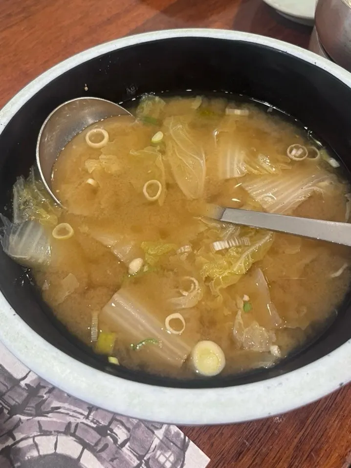 A bowl of hearty napa cabbage doenjang soup