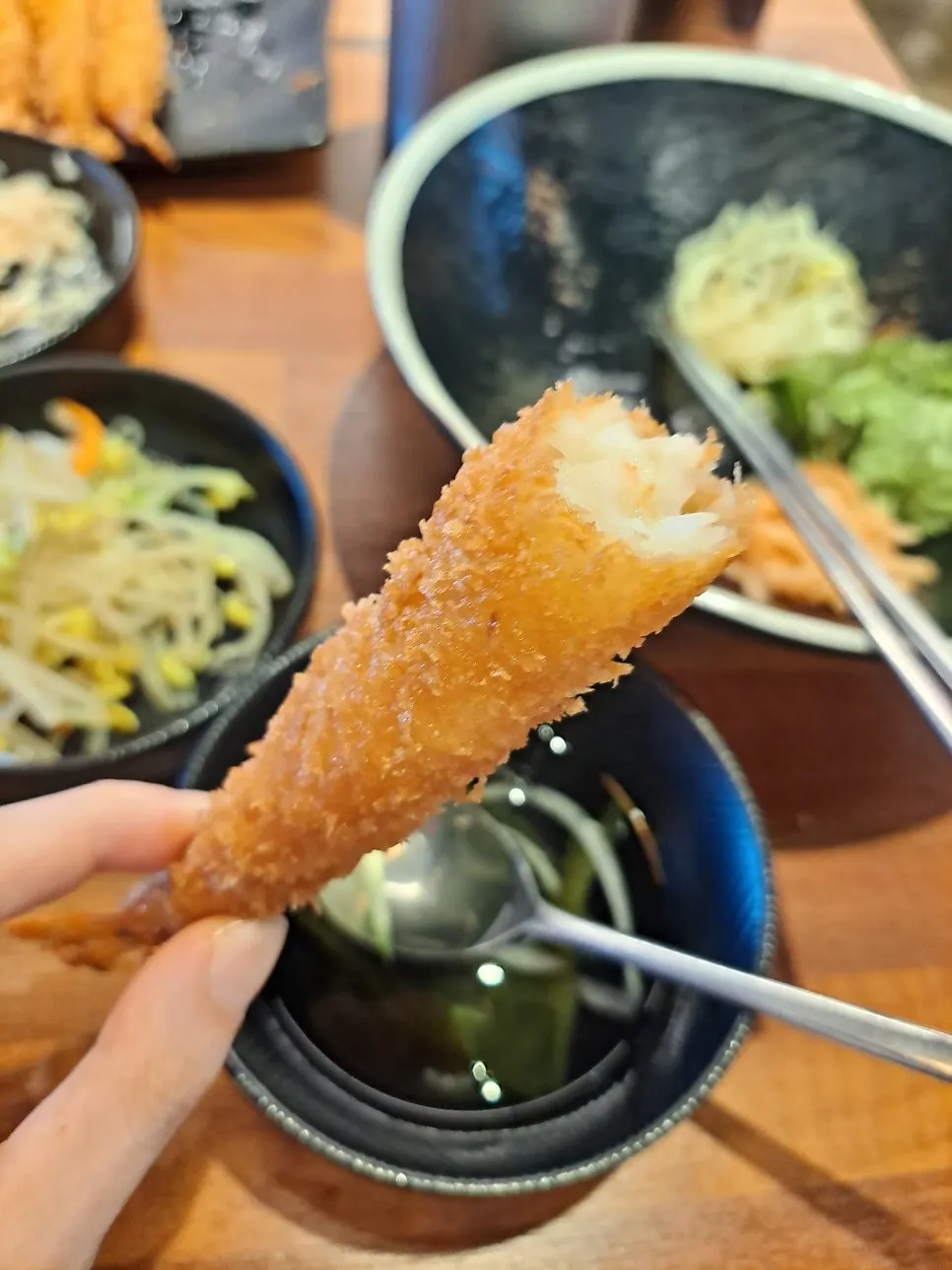 Plump fried shrimp served first