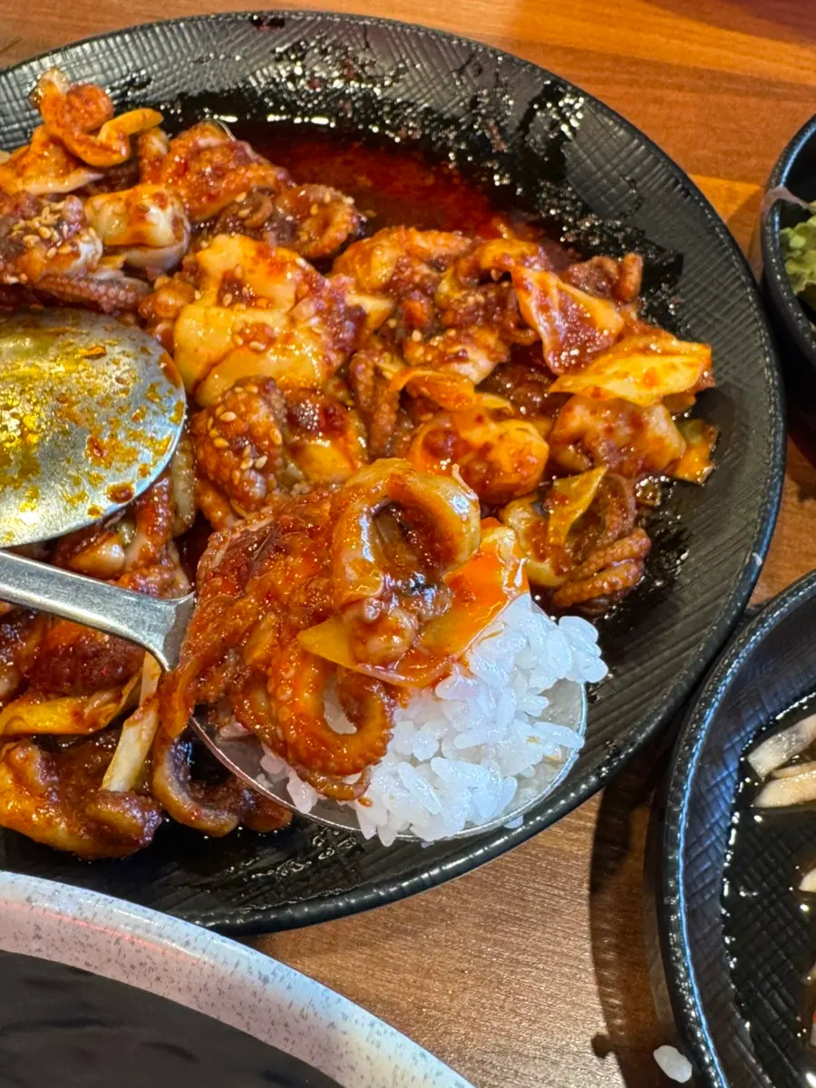 Plump seasoned jjukkumi piled on rice