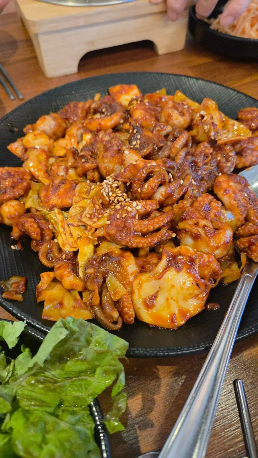 Close-up of the smoky, char-grilled jjukkumi stir-fry