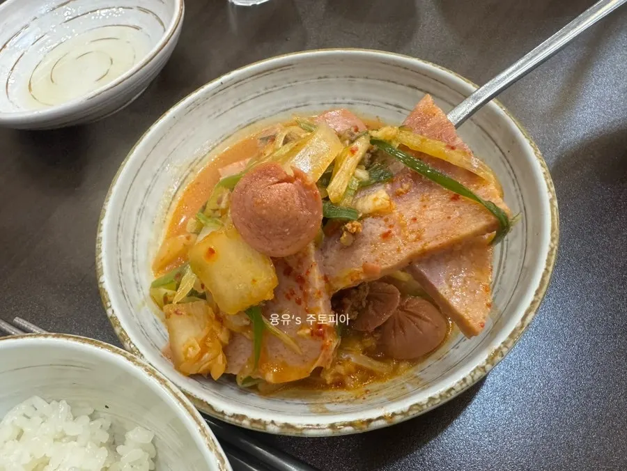 Budae-jjigae meal with soju