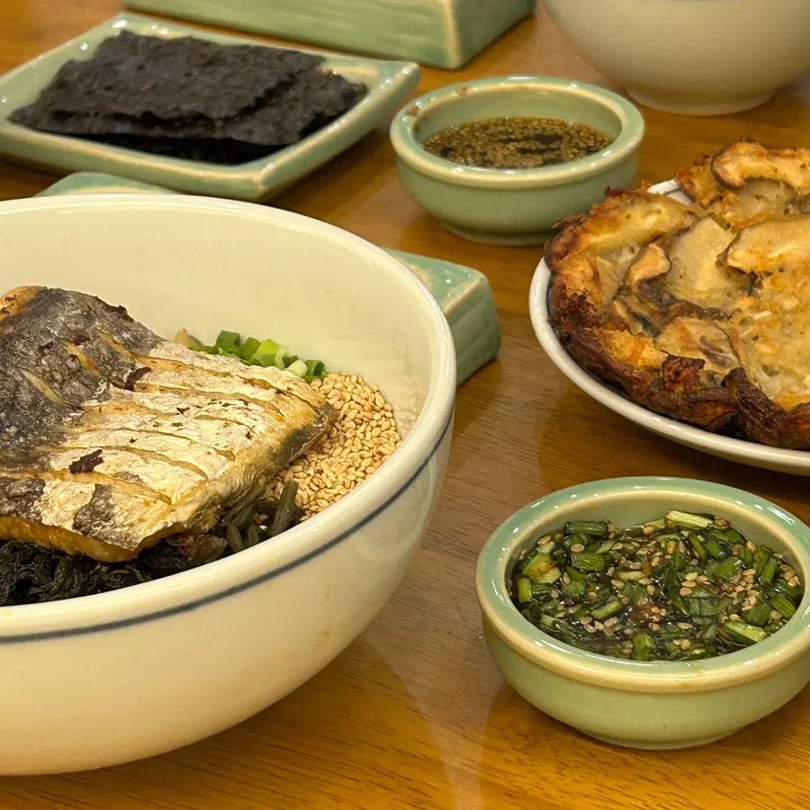 Mushroom pancake platter eaten with soy sauce