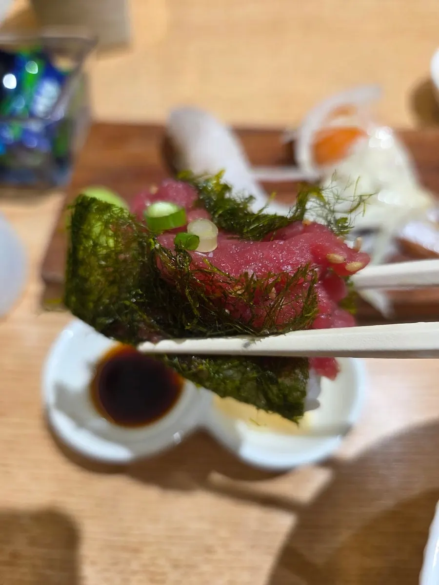Beef tartare sushi topped with gamtae seaweed