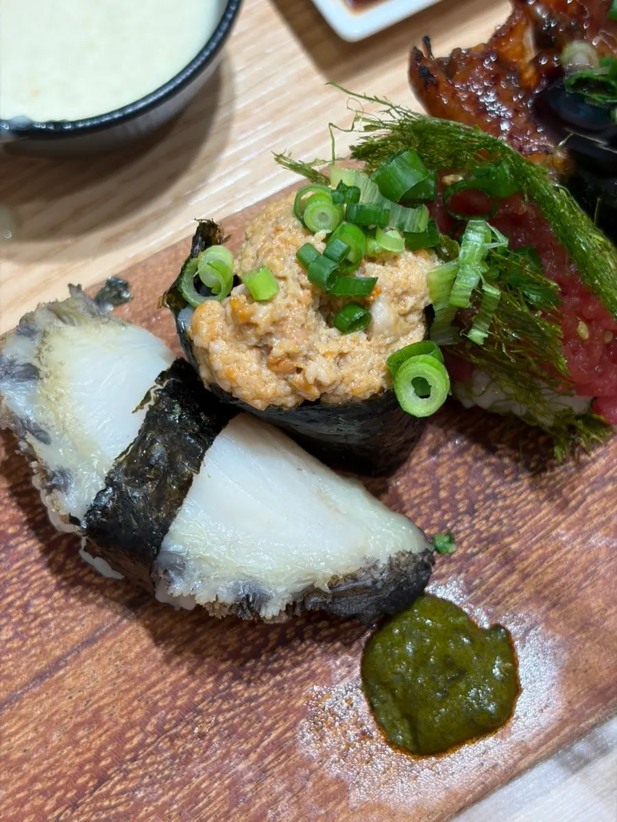 Amaebi with uni and soy-marinated shrimp sushi