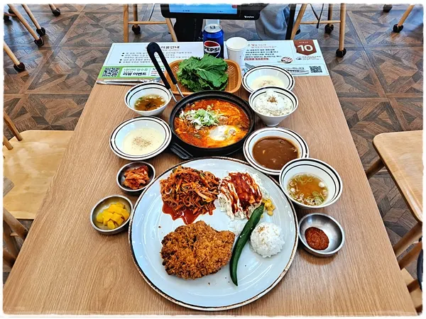 Full spread of Jjol Donkatsu and kimchi nabe