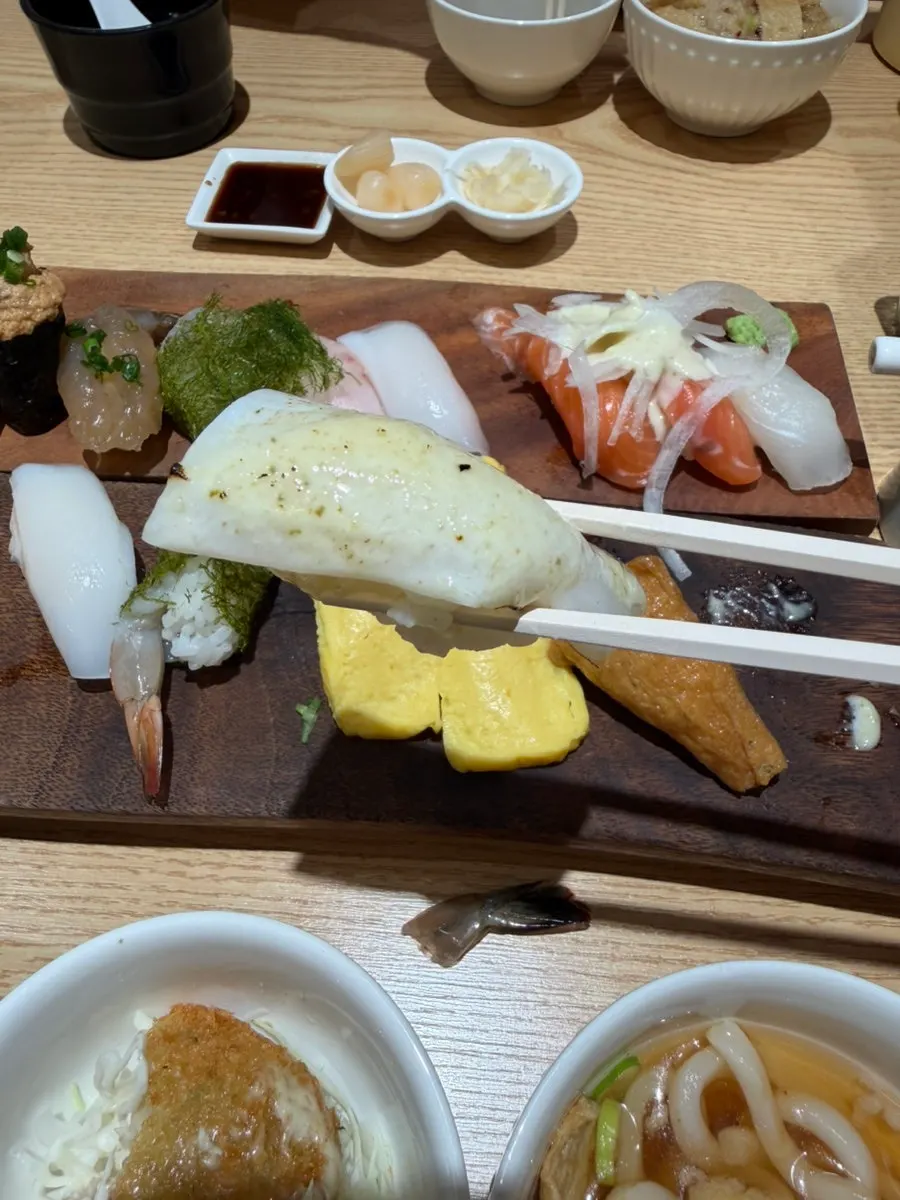 Soy-marinated shrimp and fried tofu sushi