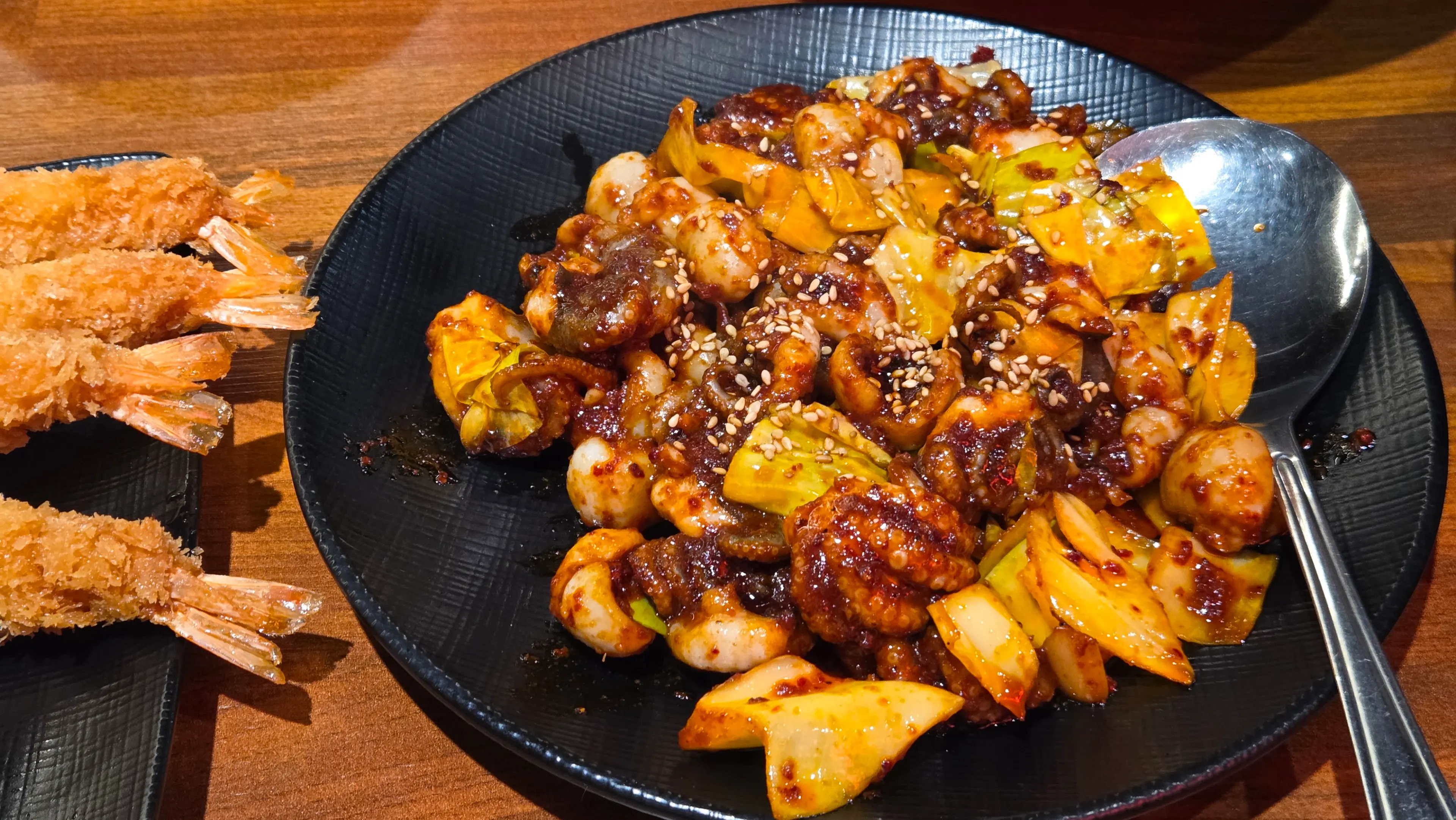 Cutting bibimbap ingredients with scissors