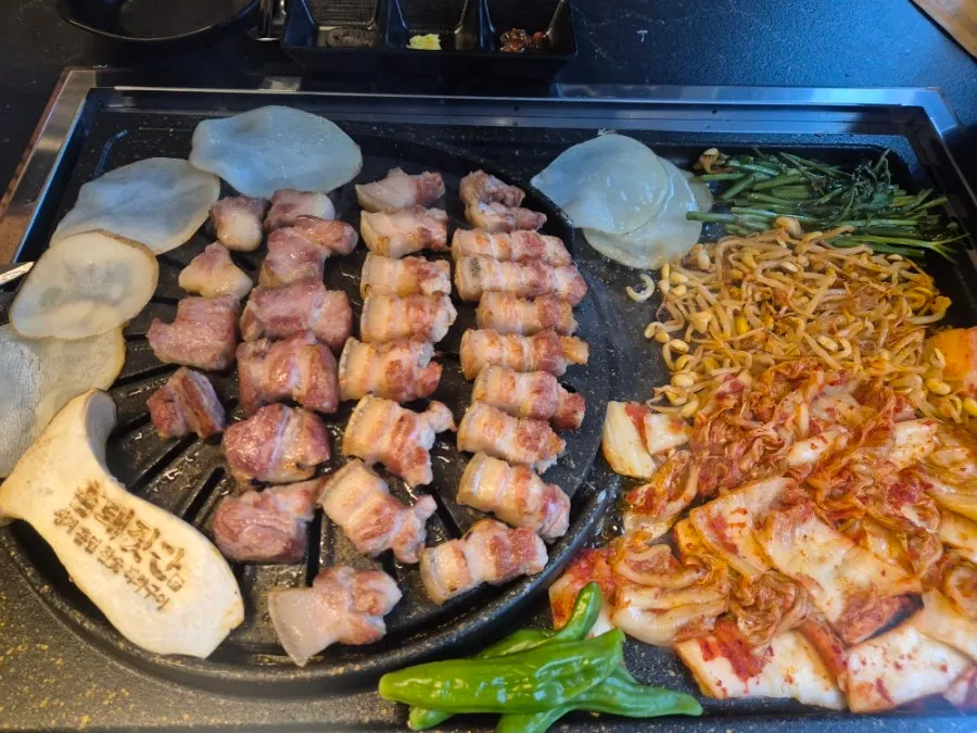 Perfectly cooked pork belly and grilled mushrooms