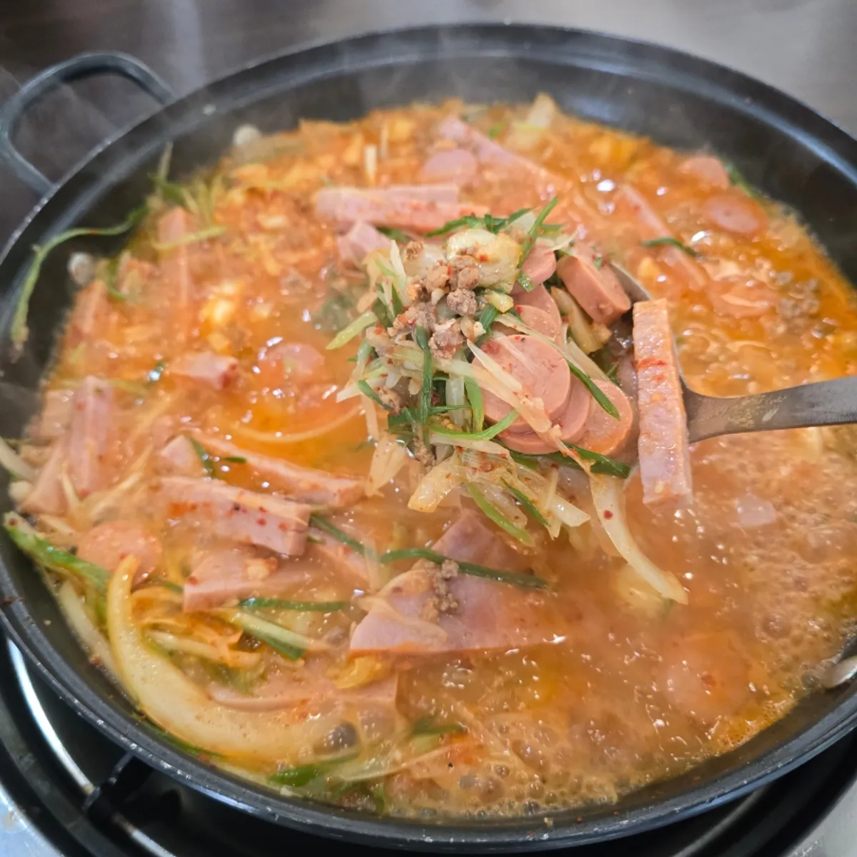 A full spread of budae-jjigae at Cheongwon in Dujeong-dong, Cheonan