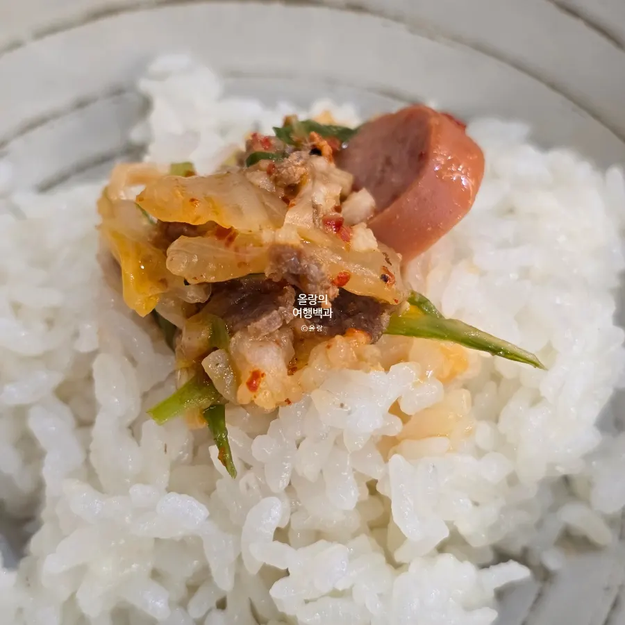 A spoonful of ham and sausage over rice