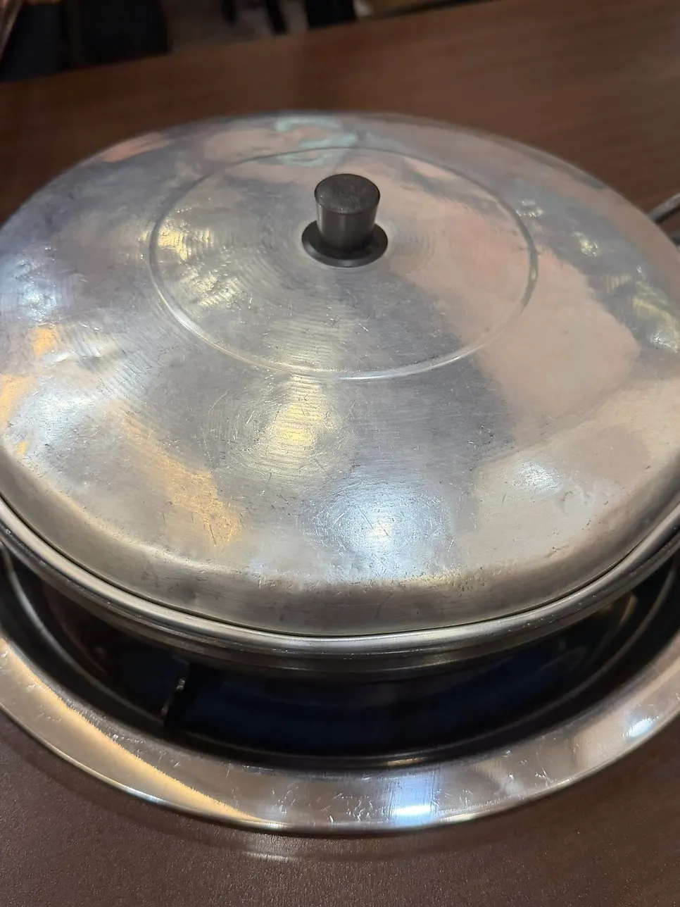 The pot of Songtan budae-jjigae near the end of the meal