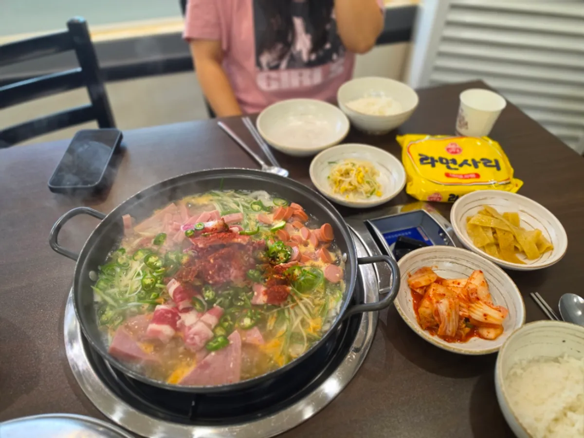 A full spread of Cheongwon budae-jjigae at Cheongwon Restaurant Cheonan Dujeong Main Branch
