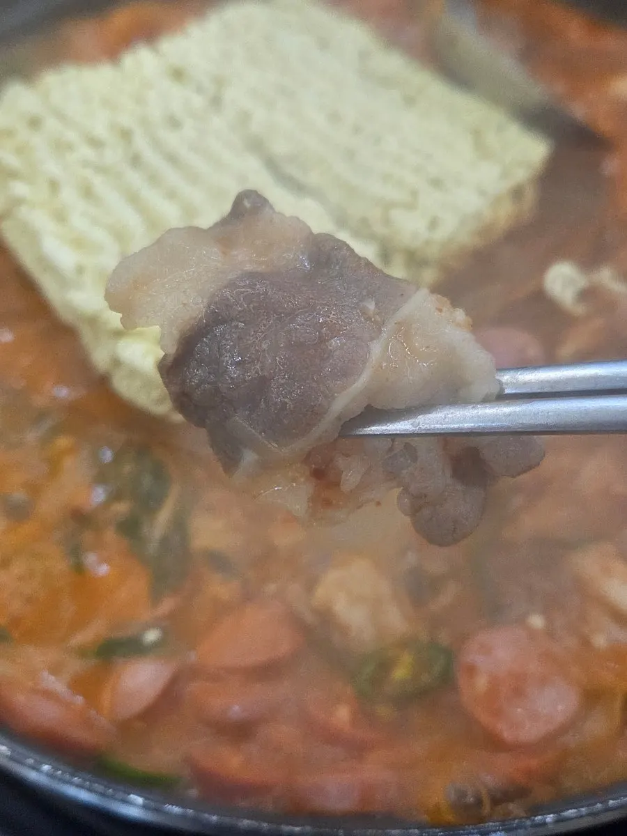 Cheongwon Budae-jjigae broth with beef brisket slices