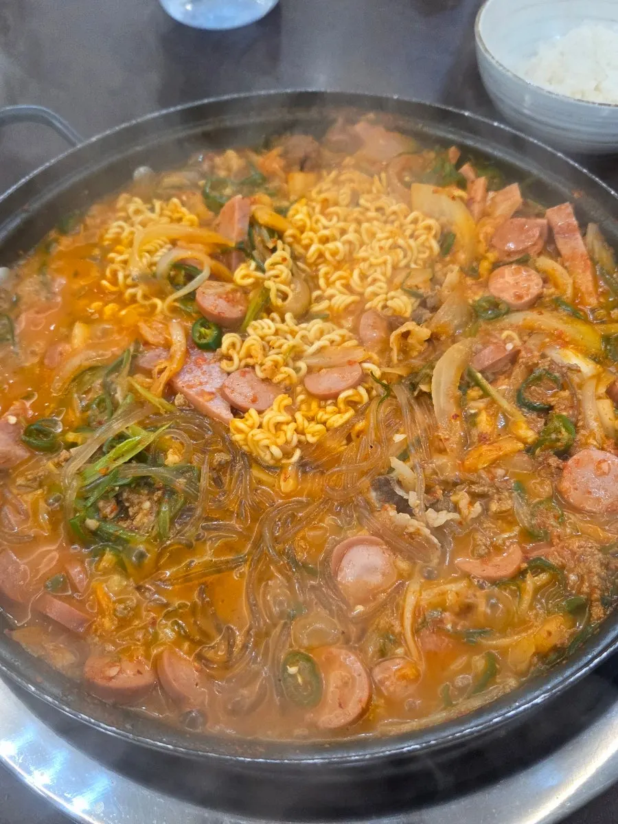 Close-up of the spicy budae-jjigae with cheongyang chili