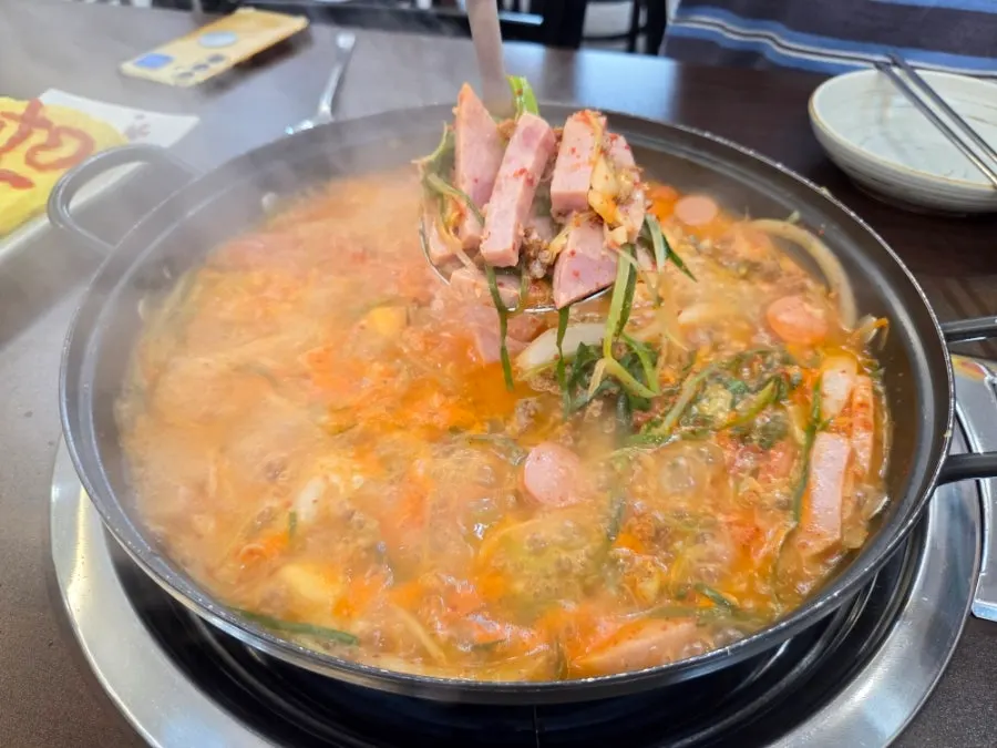 Budae-jjigae broth beginning to boil