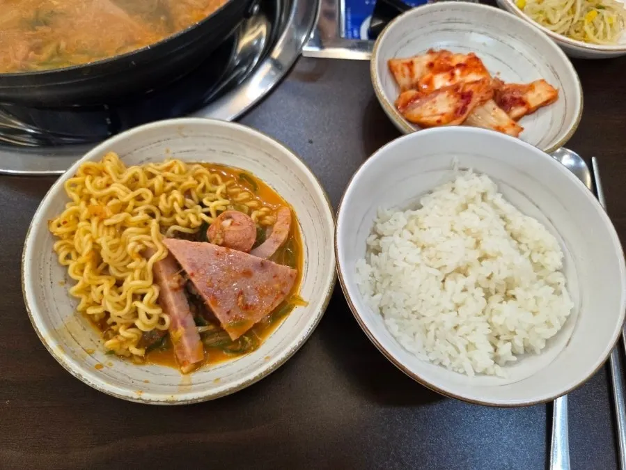 Budae-jjigae with ramen noodles added