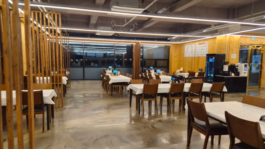 Large restaurant interior with high ceilings