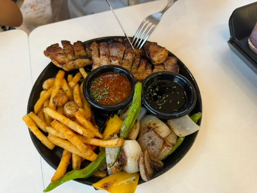 Whole pork belly steak and meal dishes