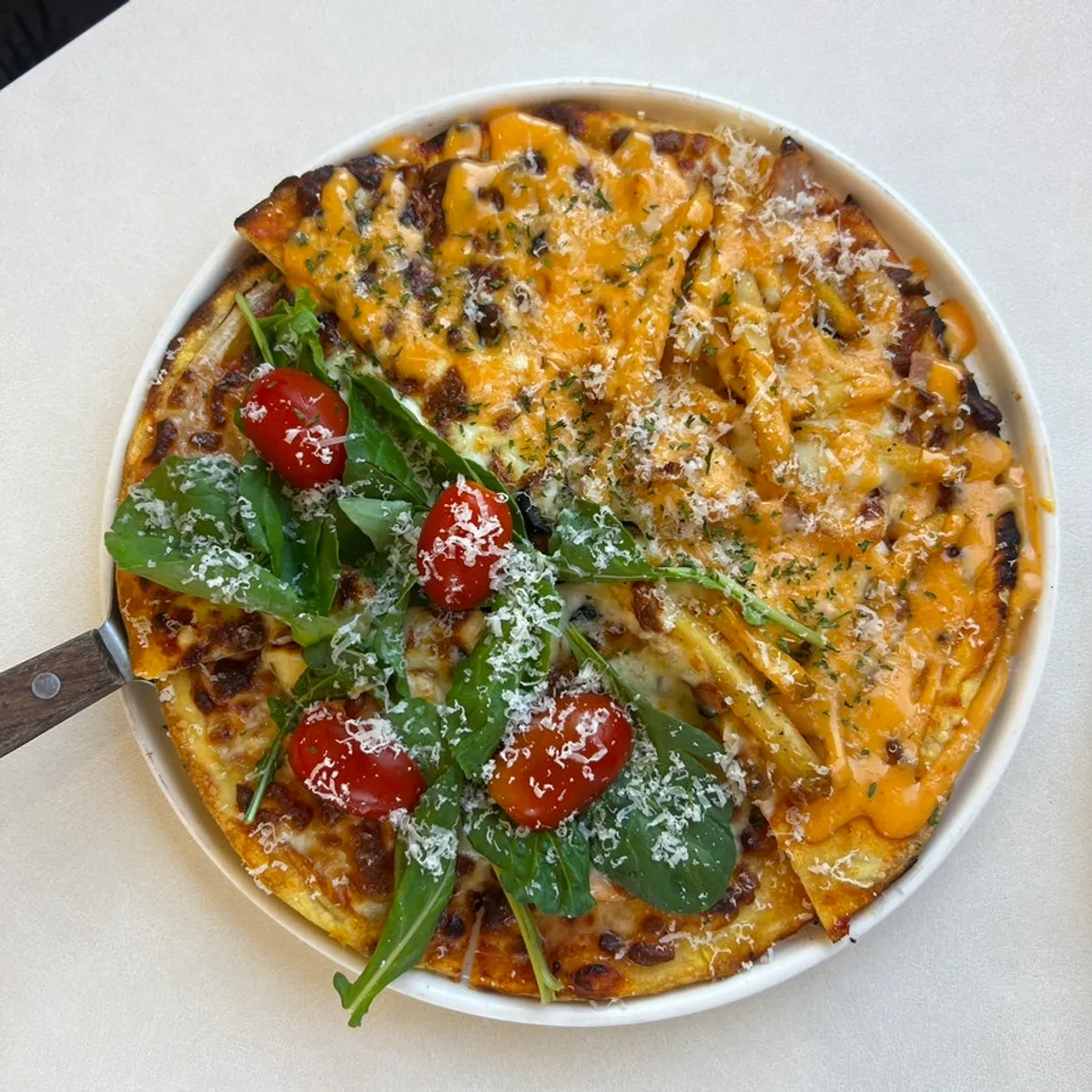 Shrimp & Potato half-and-half pizza with drinks