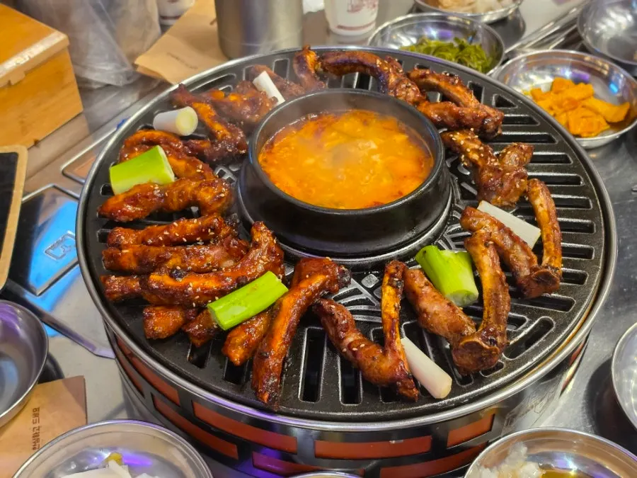 Close-up of spicy jjokgalbi well coated in sauce