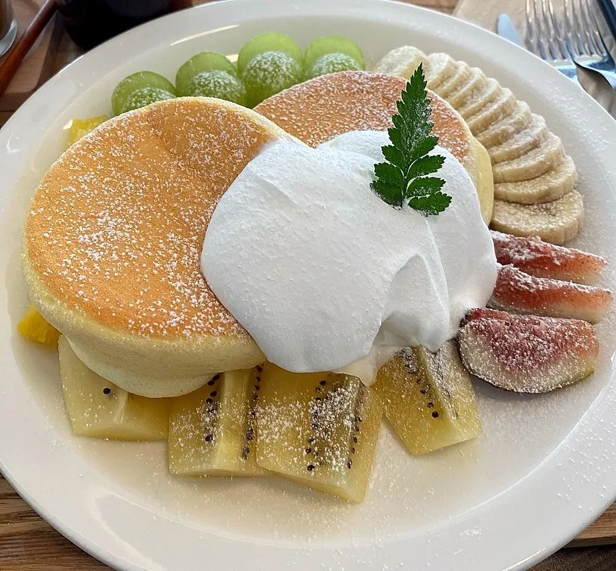 Cross-section of the soft soufflé pancake cut with a fork