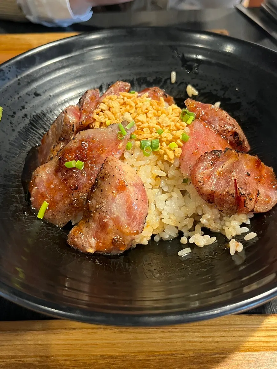 Steak rice bowl topped with garlic flakes and scallions