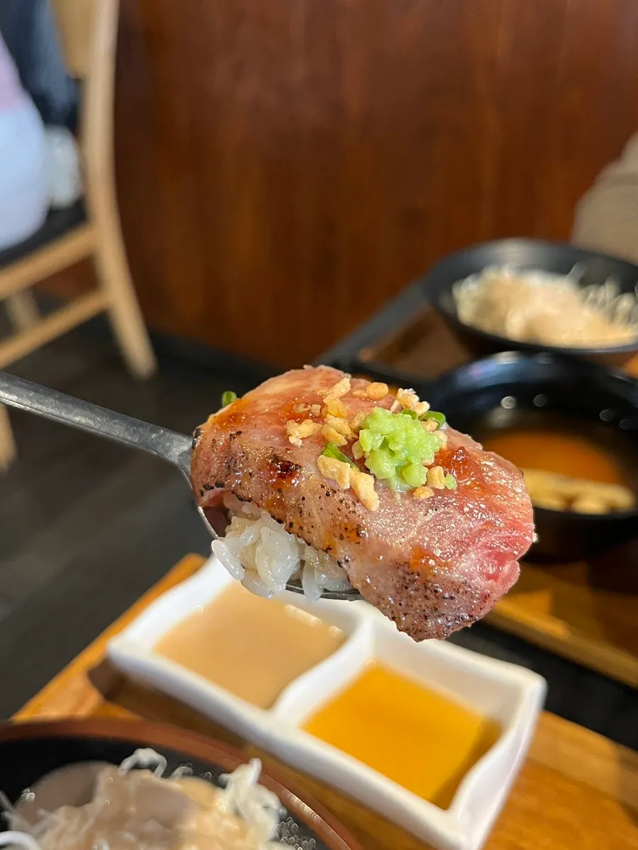 A spoonful of rice, beef, and garlic flakes