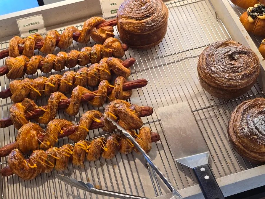 Sausage pastry and Mont Blanc on display