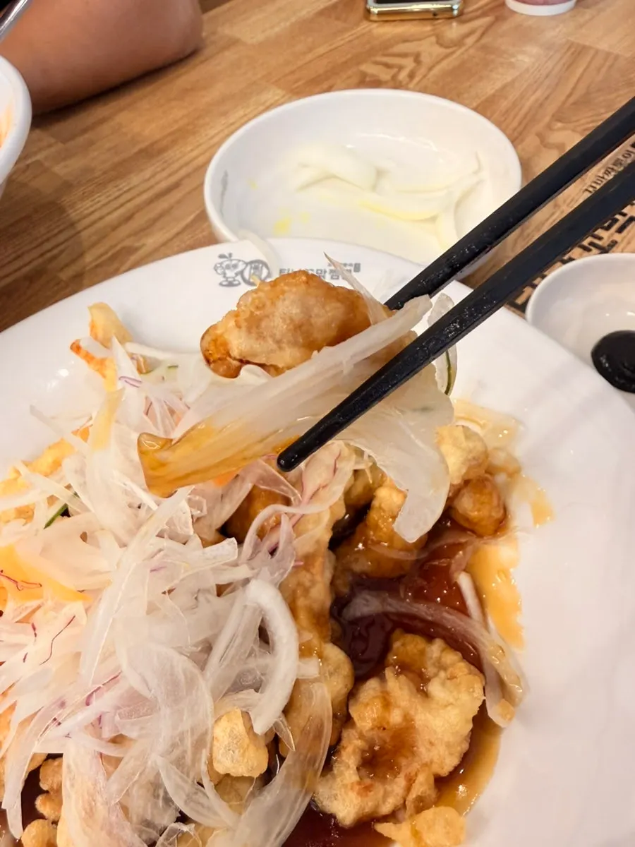 Sweet-and-sour pork plate with cucumber and onion