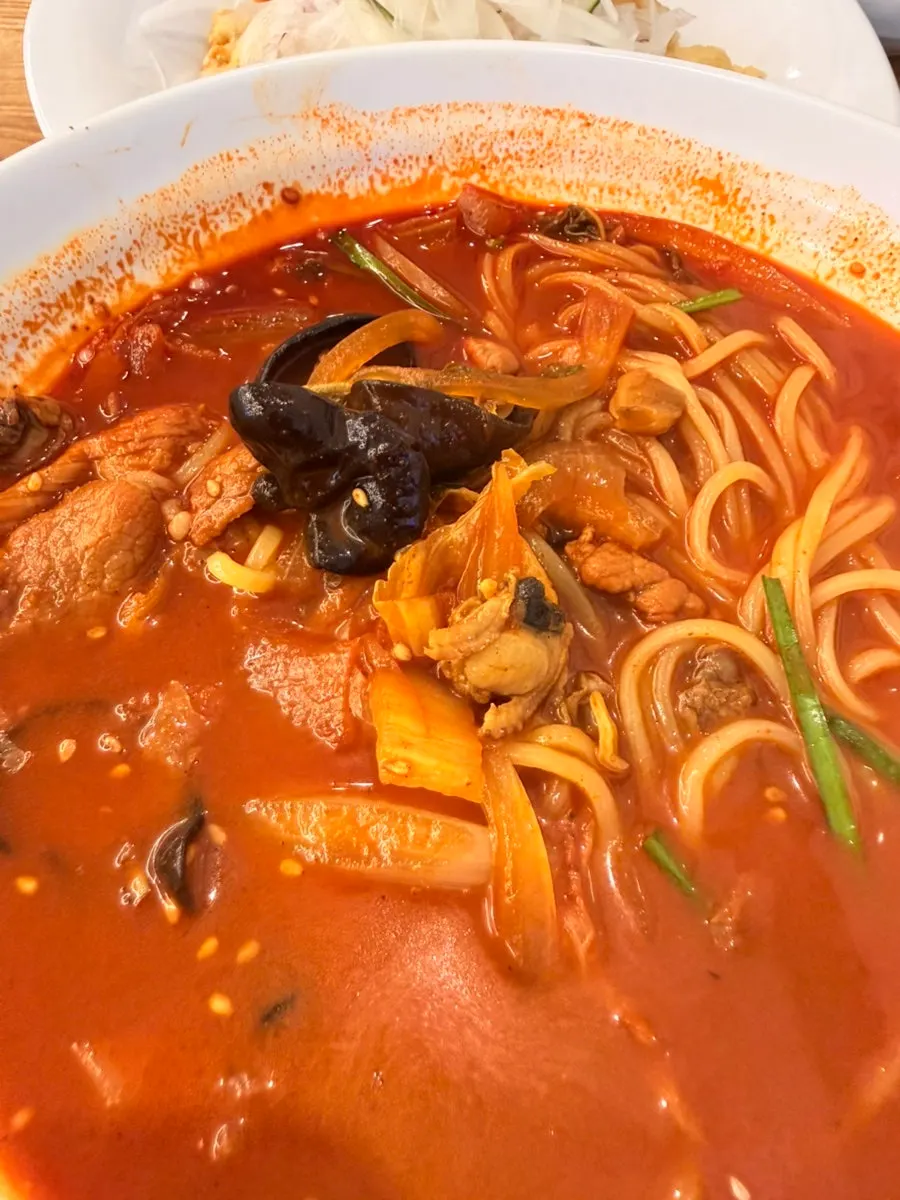 Top view of the red jjamppong broth