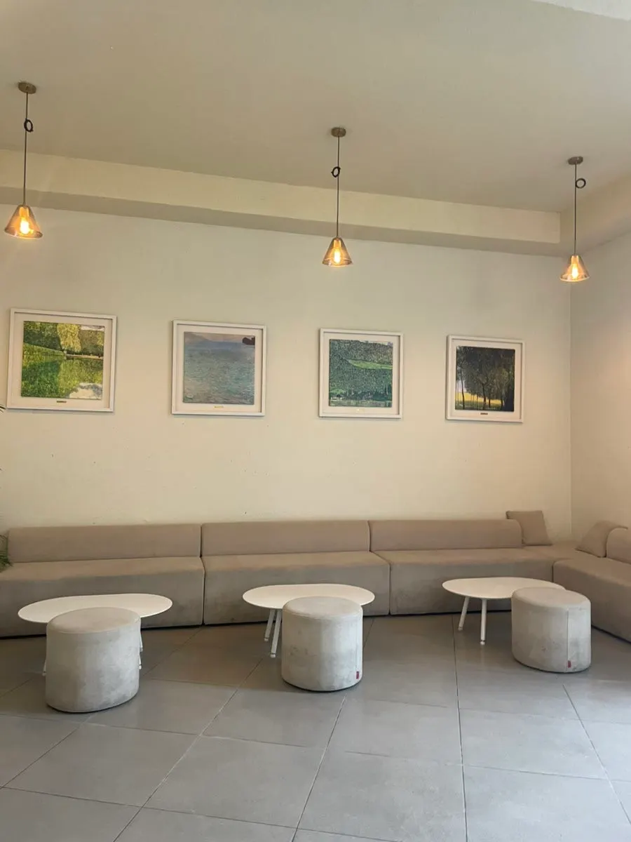 Outdoor tables overlooking mountain scenery