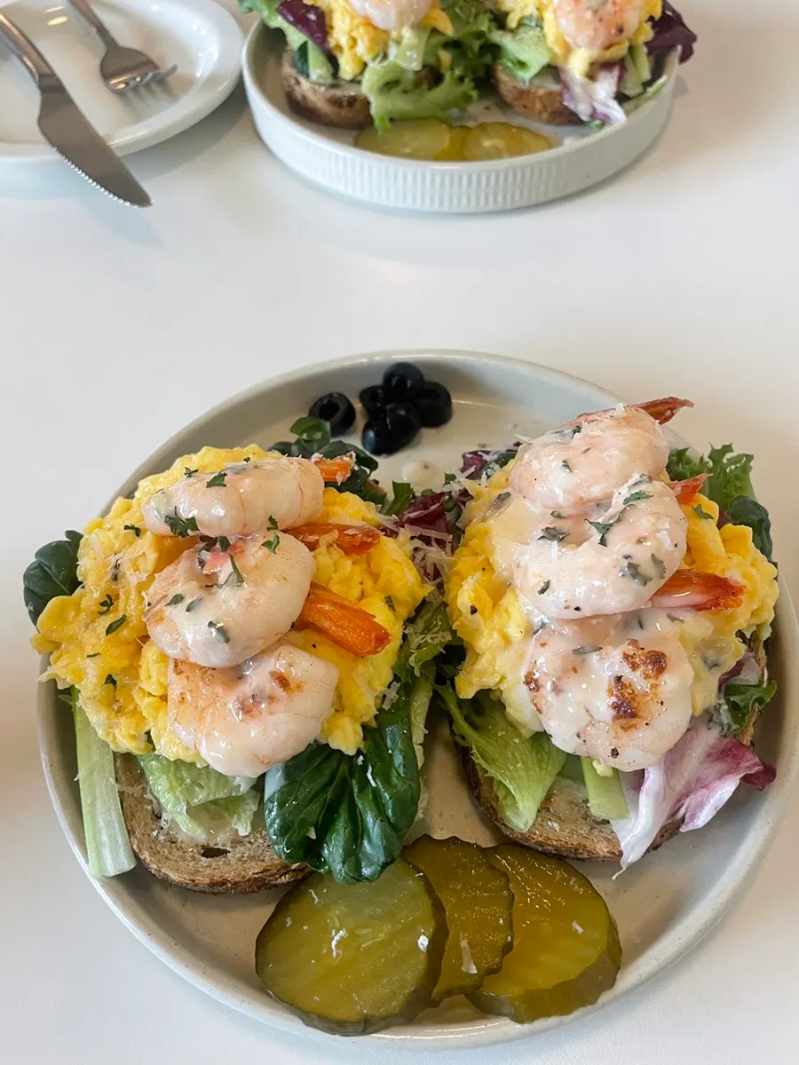 Shrimp open sandwich brunch dish