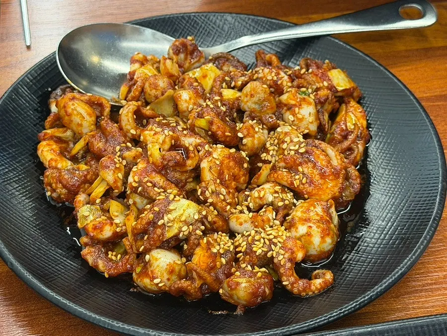 Close-up of the medium-spicy jjukkumi stir-fry