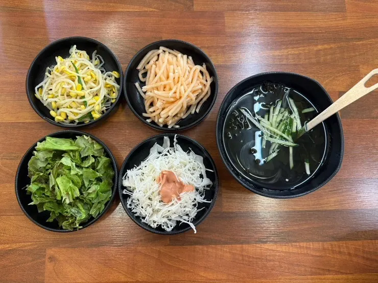Full spread of basic side dishes brought out right after sitting down