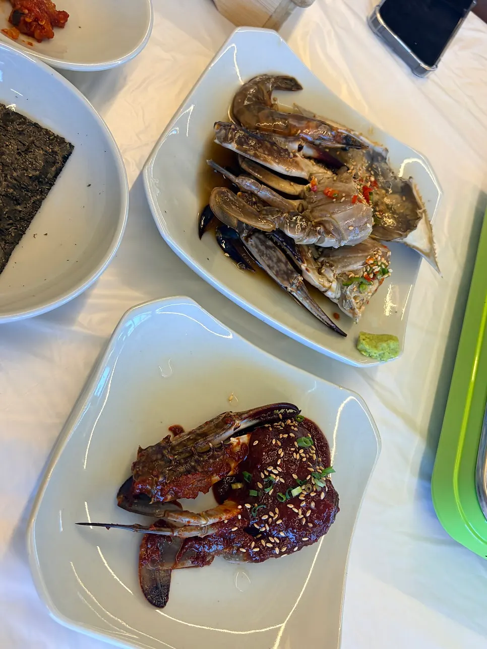 Gejang set with soy crab, spicy crab, soy shrimp, and stone-pot rice
