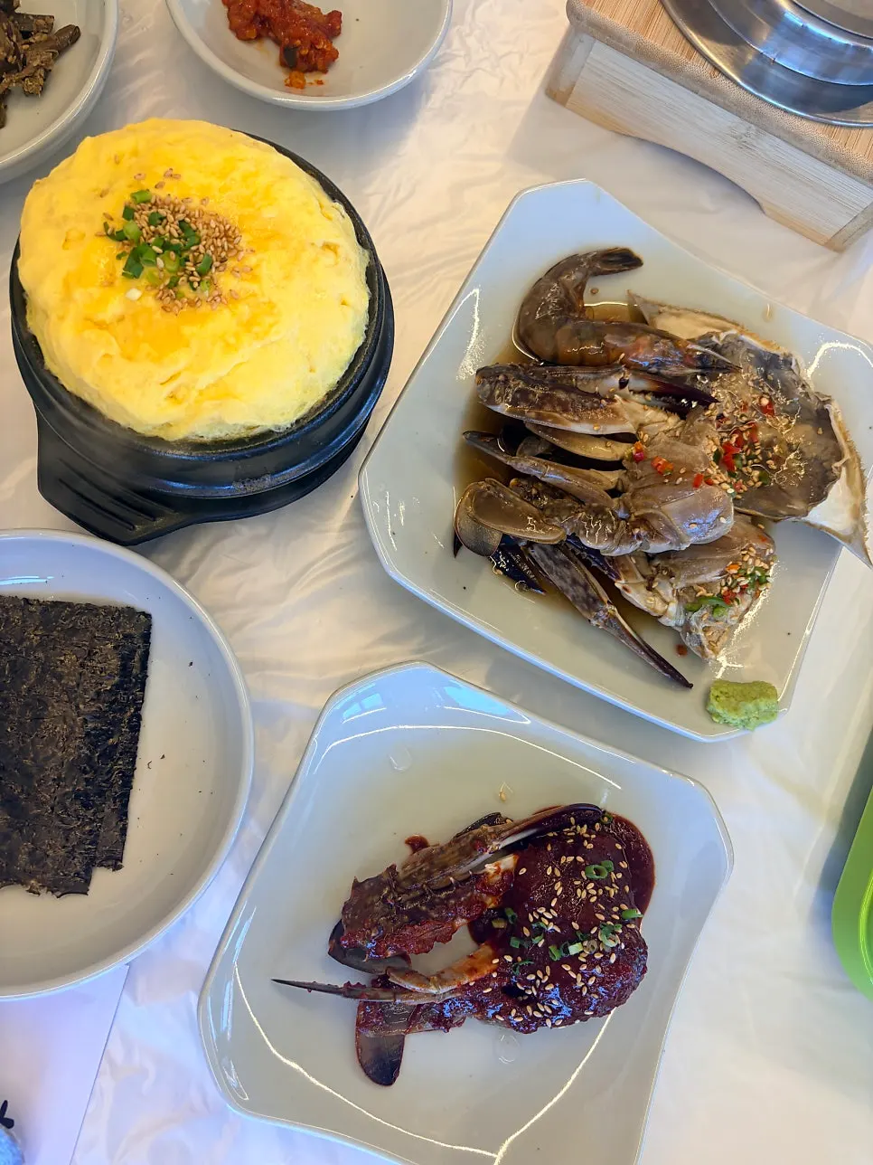 Full spread of the crab set, a true rice thief