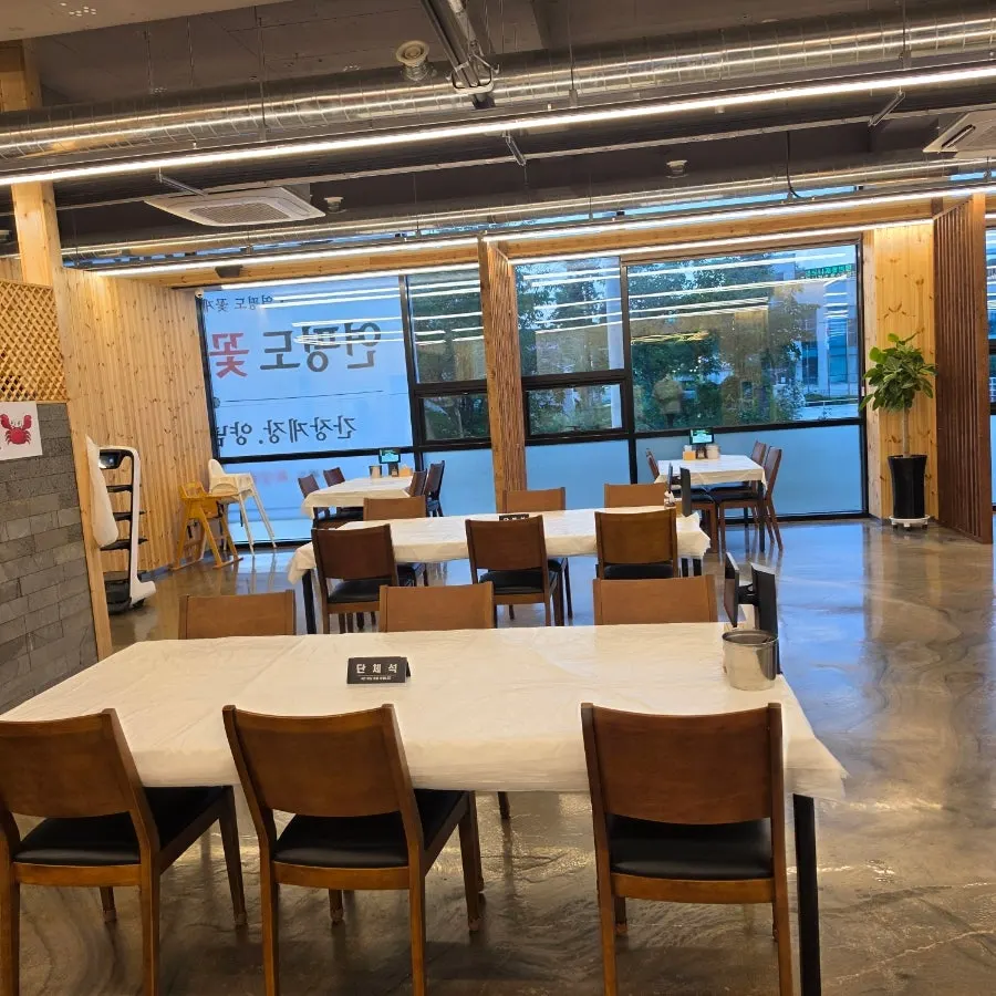Spacious dining room with large tables