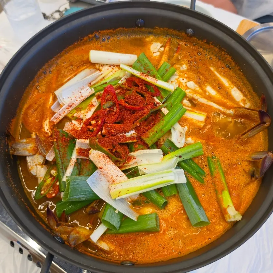 Crab soup piled high with vegetables