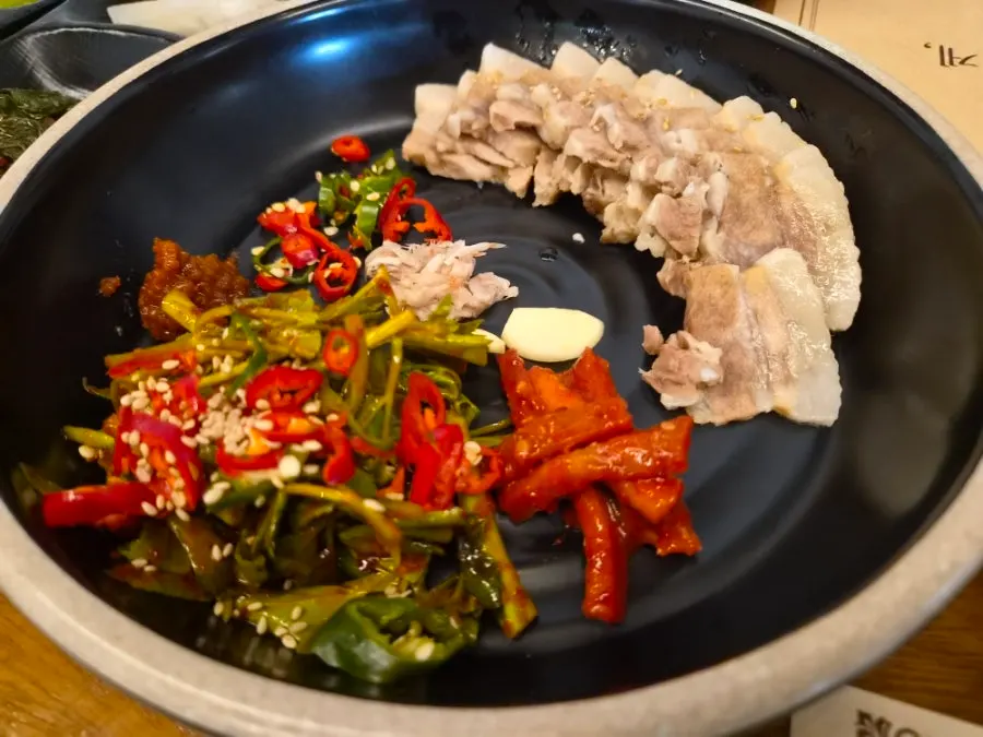 A plate of Kkotgeok's sous vide pork belly