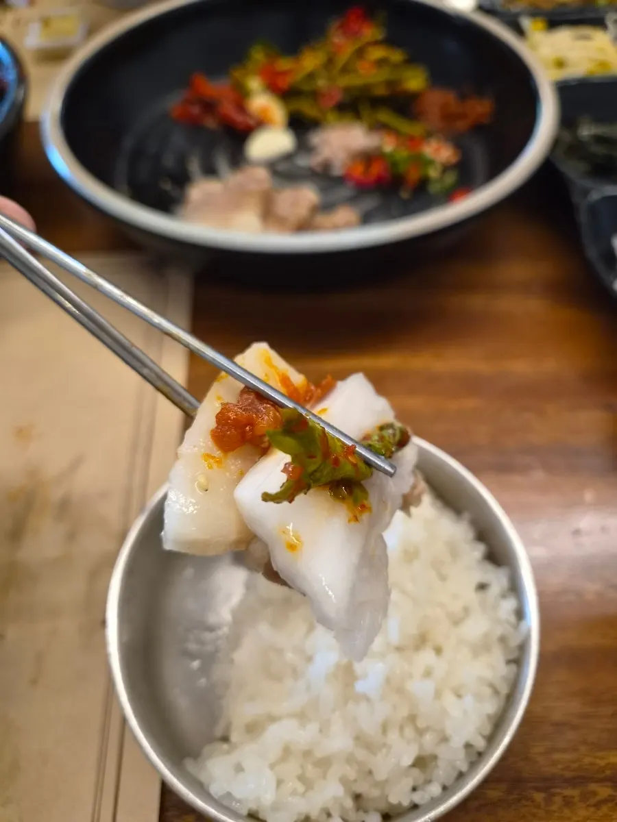 Sous vide pork belly wrapped in white kimchi