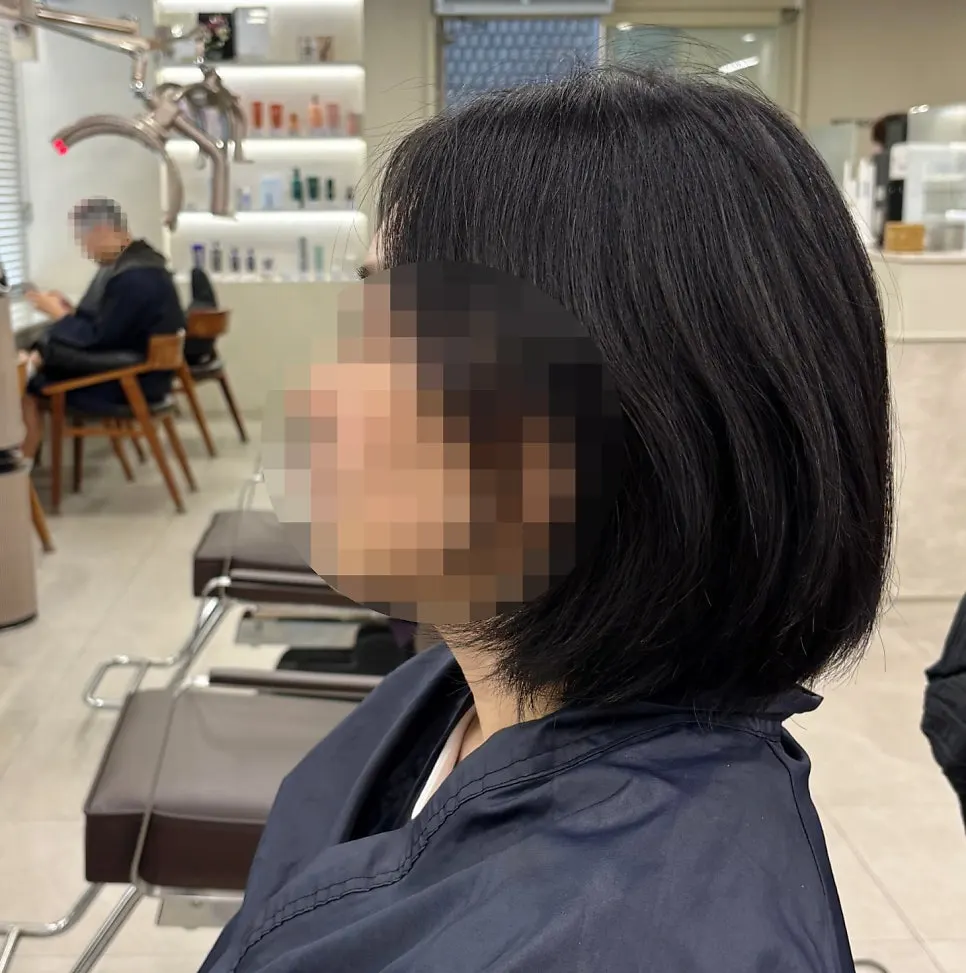 볼륨매직 전 층이 많이 난 단발 모발 상태