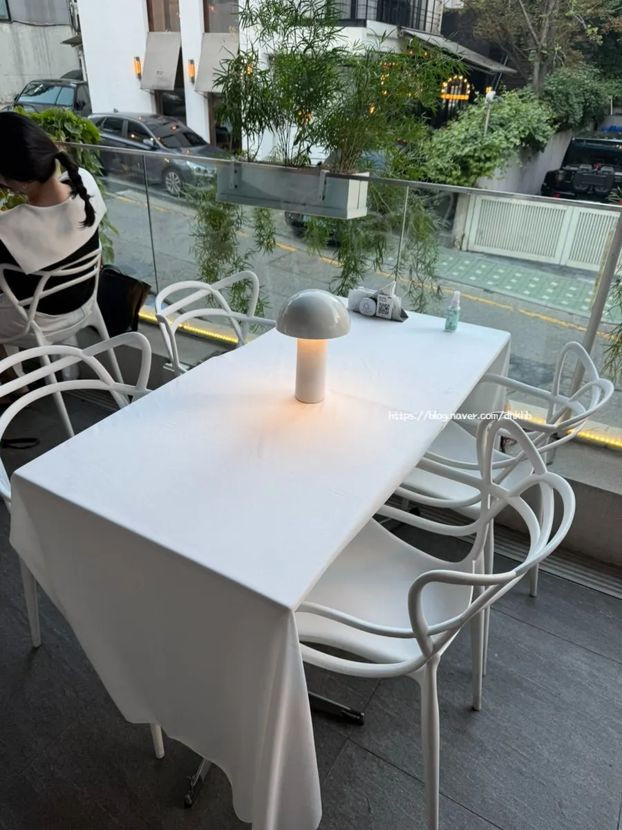 Terrace seating visible on the way up