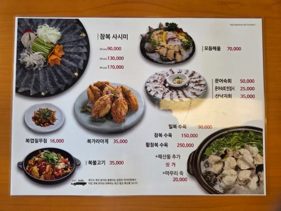 Menu listing pufferfish soup, tempura, and other dishes