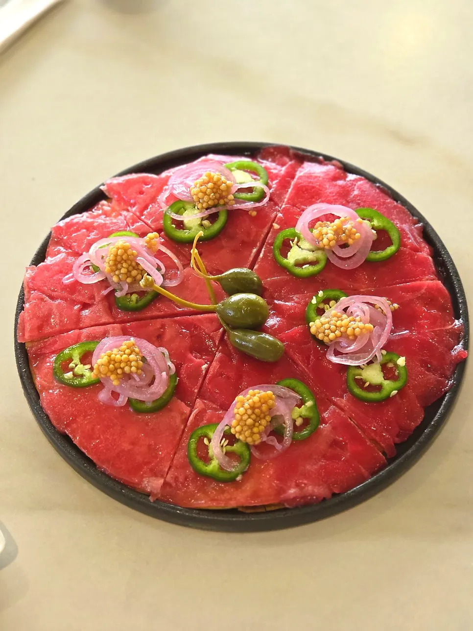 Akami Raw Tuna Pizza at Osteria Eden